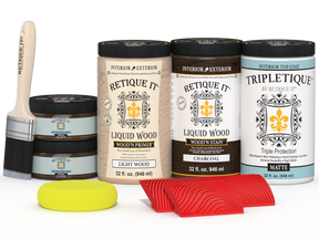 Retique It® Wood'n Finish Kit with four large charcoal stain bottles, ideal for tabletop wood furniture finishing.
