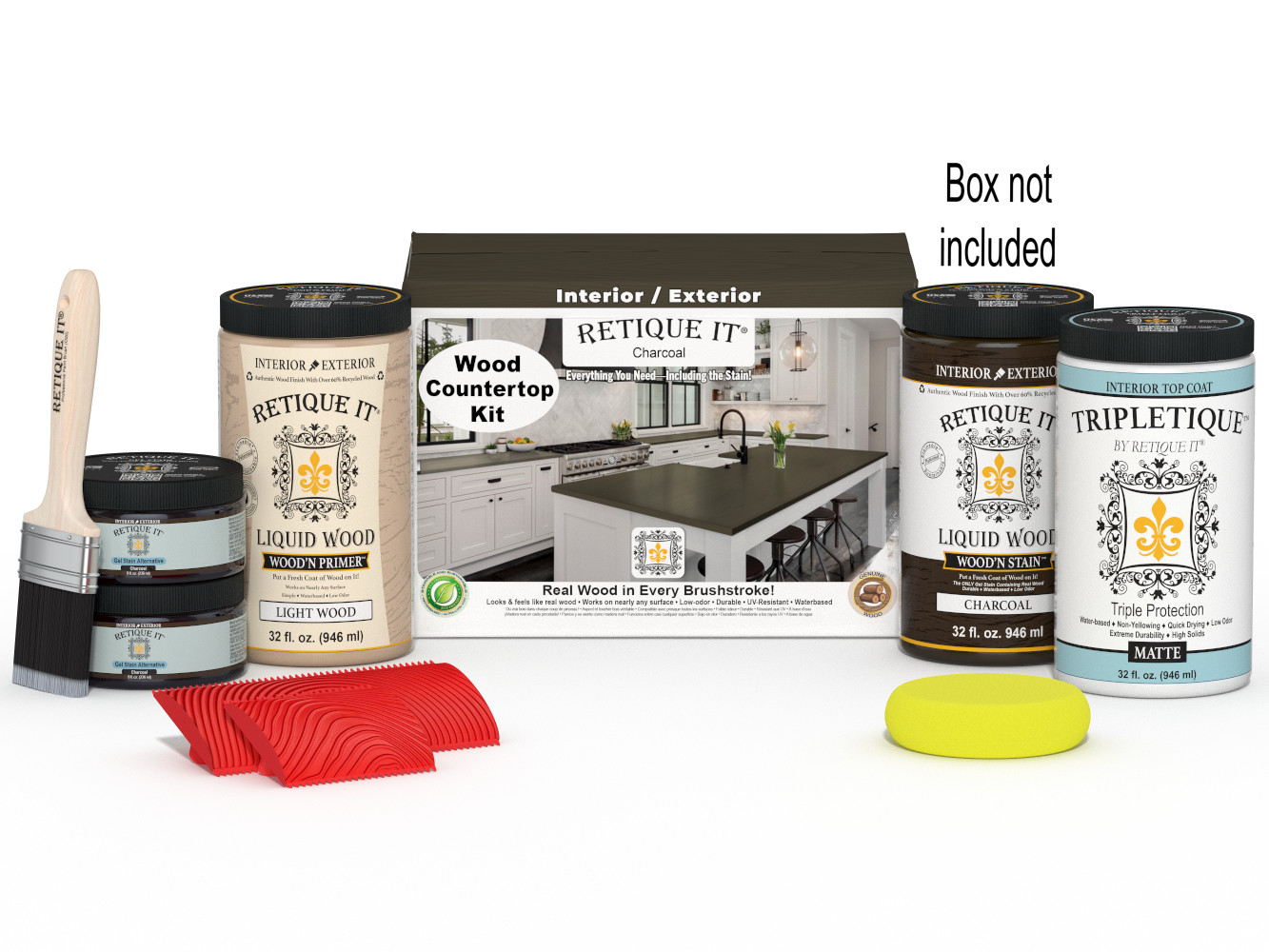 Retique It® charcoal countertop kit for full kitchen renovation, featuring stain products and application tools in the box.