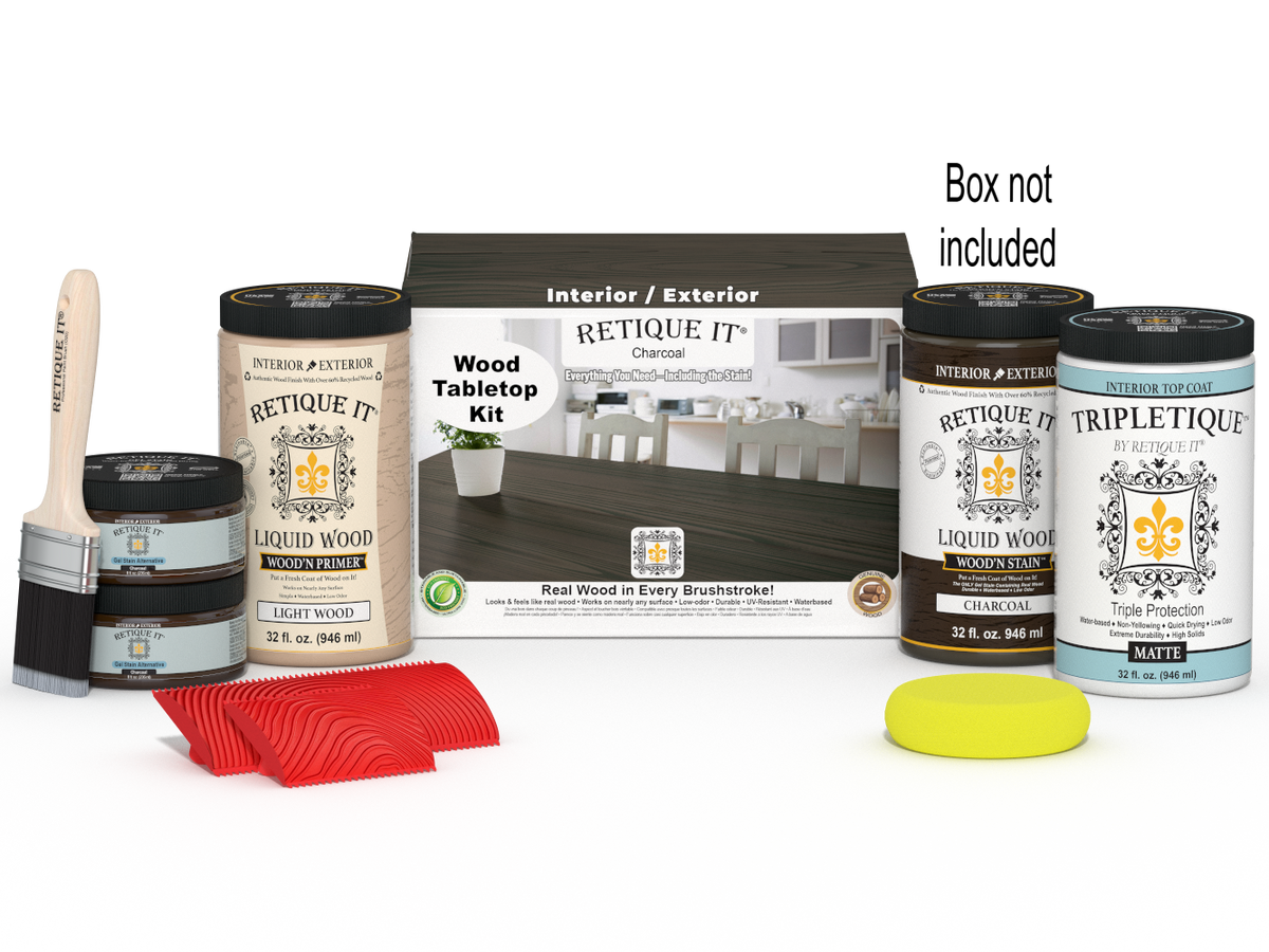 Retique It® Wood'n Finish Kit for tabletops, charcoal stain, includes four large containers, shown with applicator and box.