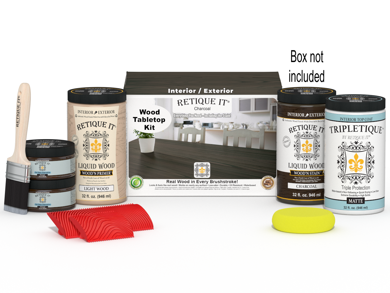 Retique It® Wood'n Finish Kit for tabletops, charcoal stain, includes four large containers, shown with applicator and box.