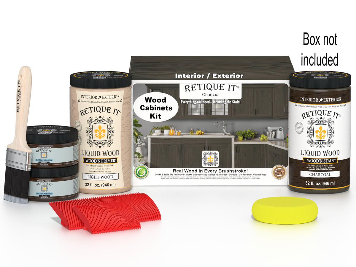 Retique It® Wood'n Cabinet Kit in Charcoal stain featuring 12 grained cabinet doors with a natural wood texture.