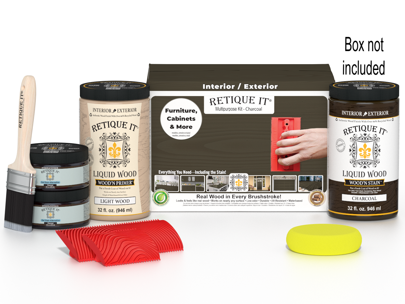 Large Charcoal Wood'n Finish Kit by Retique It® showing wood finish bottles and applicator tools in a box.