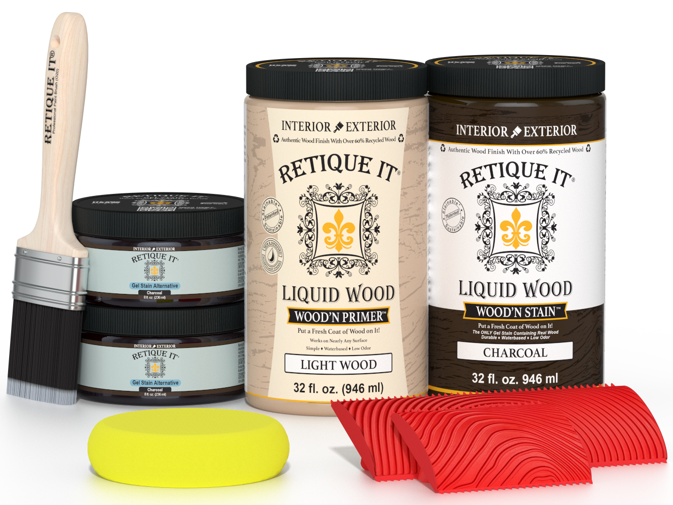 Large Charcoal Wood'n Finish Kit by Retique It® with multiple wood finishing tools and supplies in a comprehensive wood treatment set.