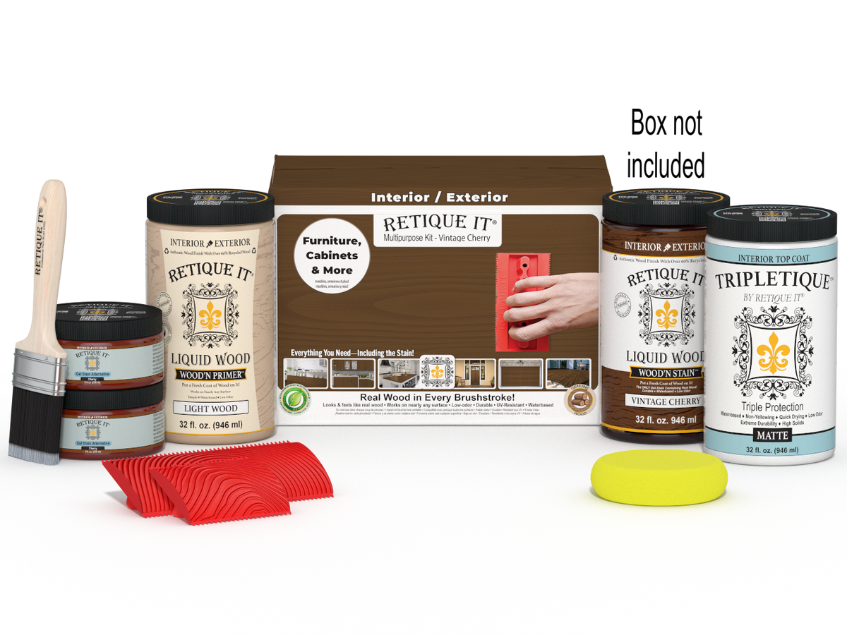 Large Vintage Cherry Wood'n Finish Kit by Retique It® with interior top coat and packaging for multi-purpose wood finishing projects.