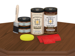 Retique It® Wood'n Cabinet Kit with vintage cherry stain, featuring 12 grained cabinet doors on a wooden table.