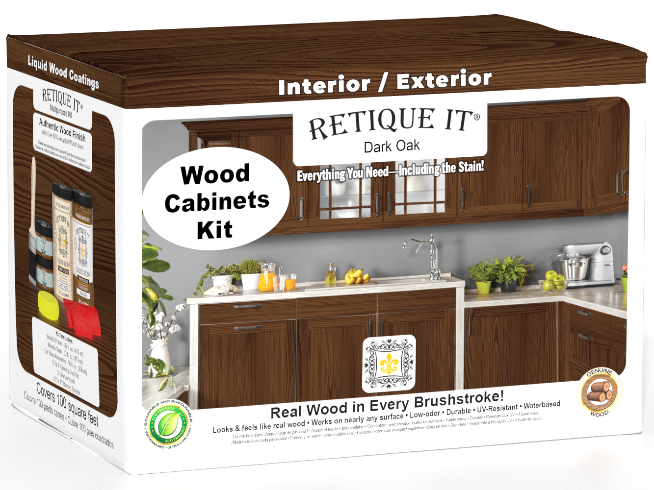 Dark oak Wood'n Cabinet Kit with 12 grained cabinet doors, showcasing stained wood finish from Retique It®'s stains collection