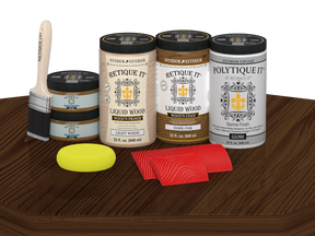 Retique It® Wood'n Finish Double Front Door Kit in Dark Oak stain with glossy finish, displayed on a table.
