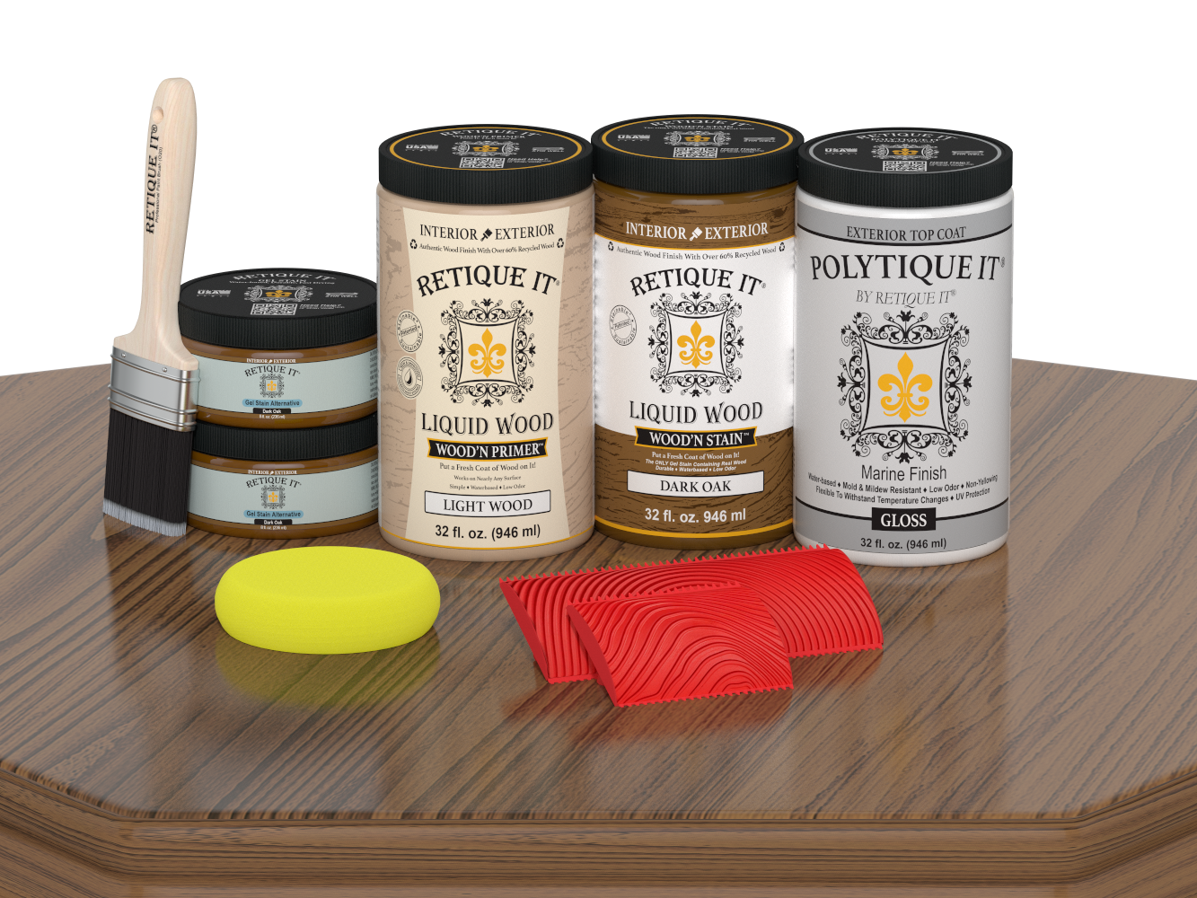 Large Dark Oak Wood'n Finish Kit by Retique It® with exterior top coat, shown on a wooden table surface.