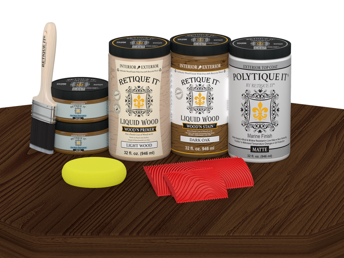Retique It® Wood'n Finish Front Door Kit in Dark Oak stain, featuring double doors with matte finish on a table display.
