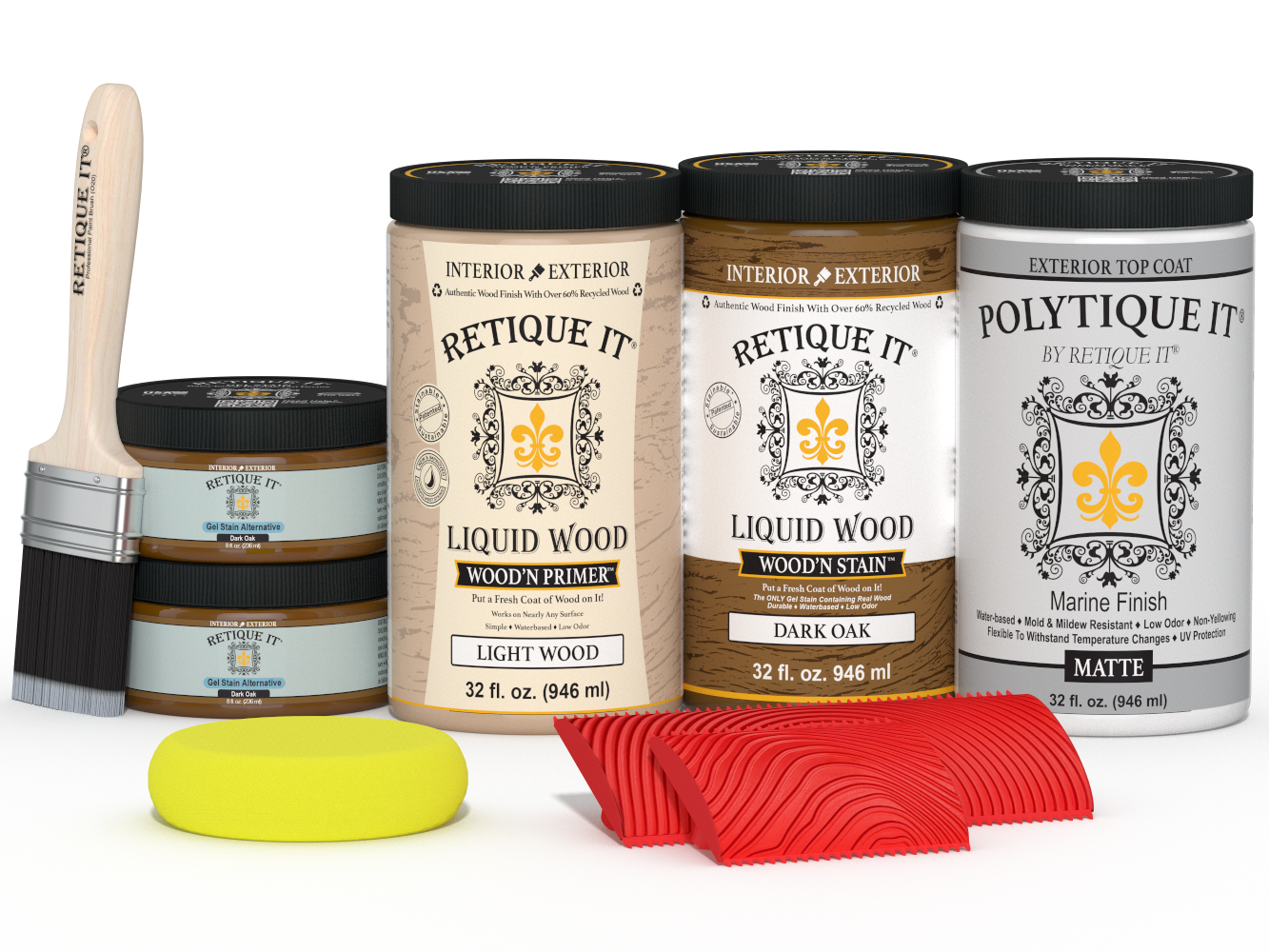 Large Dark Oak Wood'n Finish Kit by Retique It® with exterior top coat, featuring wood finishing tools and matte wood stain in a plate.