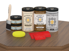 Retique It® Large Wood'n Kit in Dark Oak with satin finish, featuring exterior top coat and wood finish tools on a wooden table.