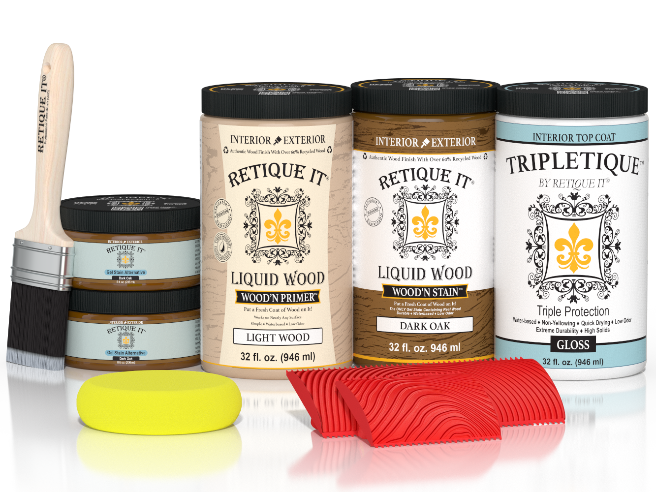 Large Dark Oak Wood'n Kit by Retique It® with gloss finish for interior wood surfaces, includes top coat and application tools.