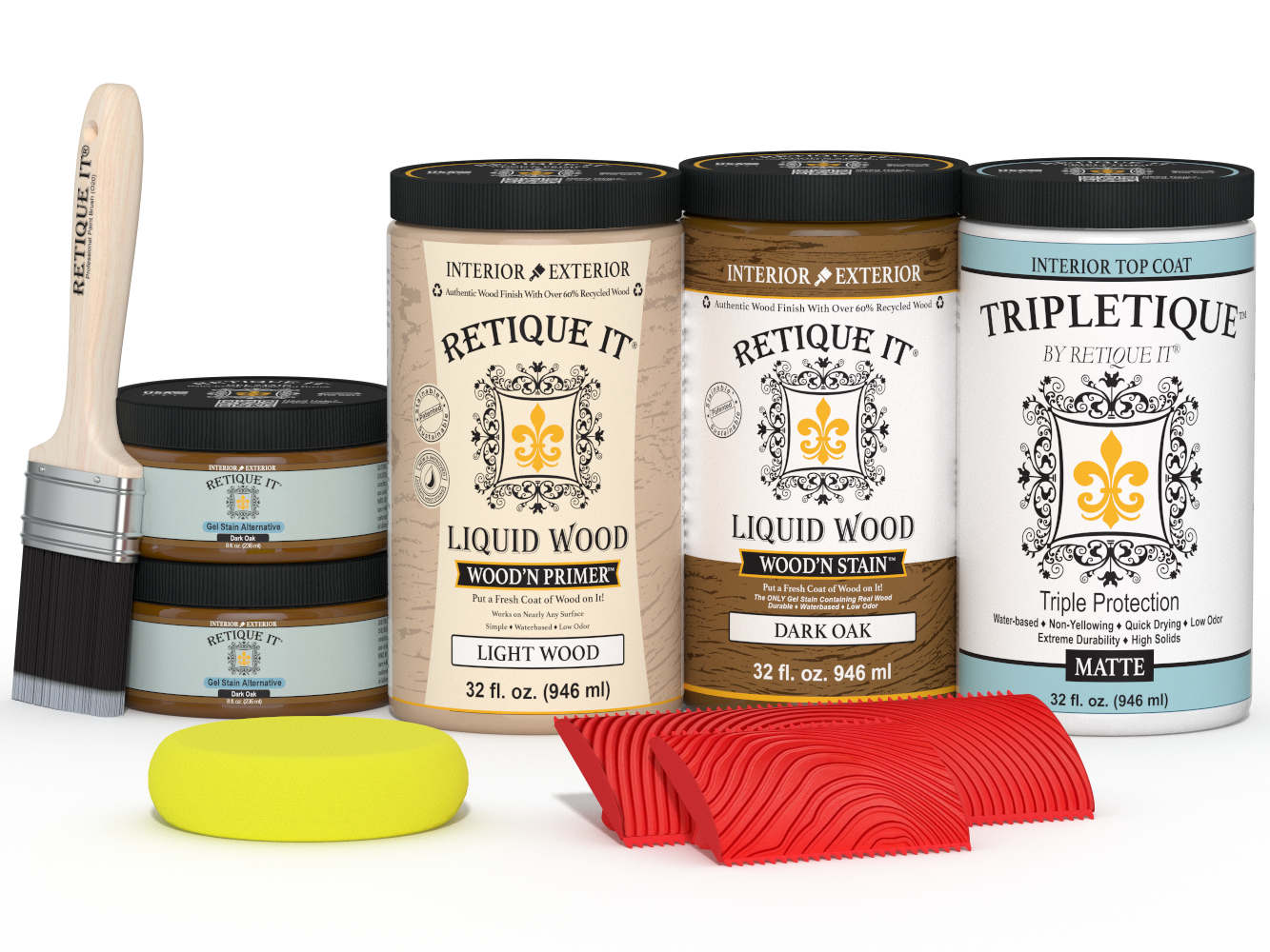 Large Dark Oak Wood'n Finish Kit from Retique It® for interior top coating on wood surfaces, includes multiple tools and products.