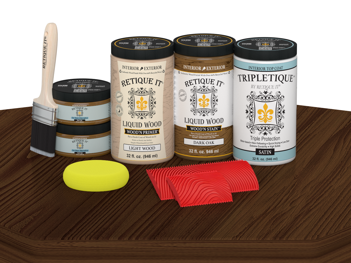 Retique It® Wood'n Finish Kit with four large dark oak stain bottles, satin finish, for wood furniture and surface refinishing.