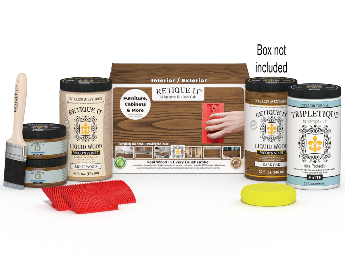 Large Dark Oak Wood'n Finish Kit by Retique It® with interior top coat and applicator brushes for wood finishing projects.
