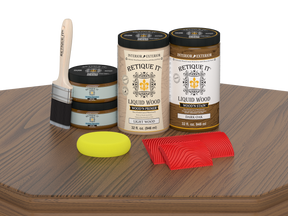 Large Dark Oak Wood'n Finish Kit by Retique It® for multi-purpose wood furniture refinishing, including brushes and finish components.