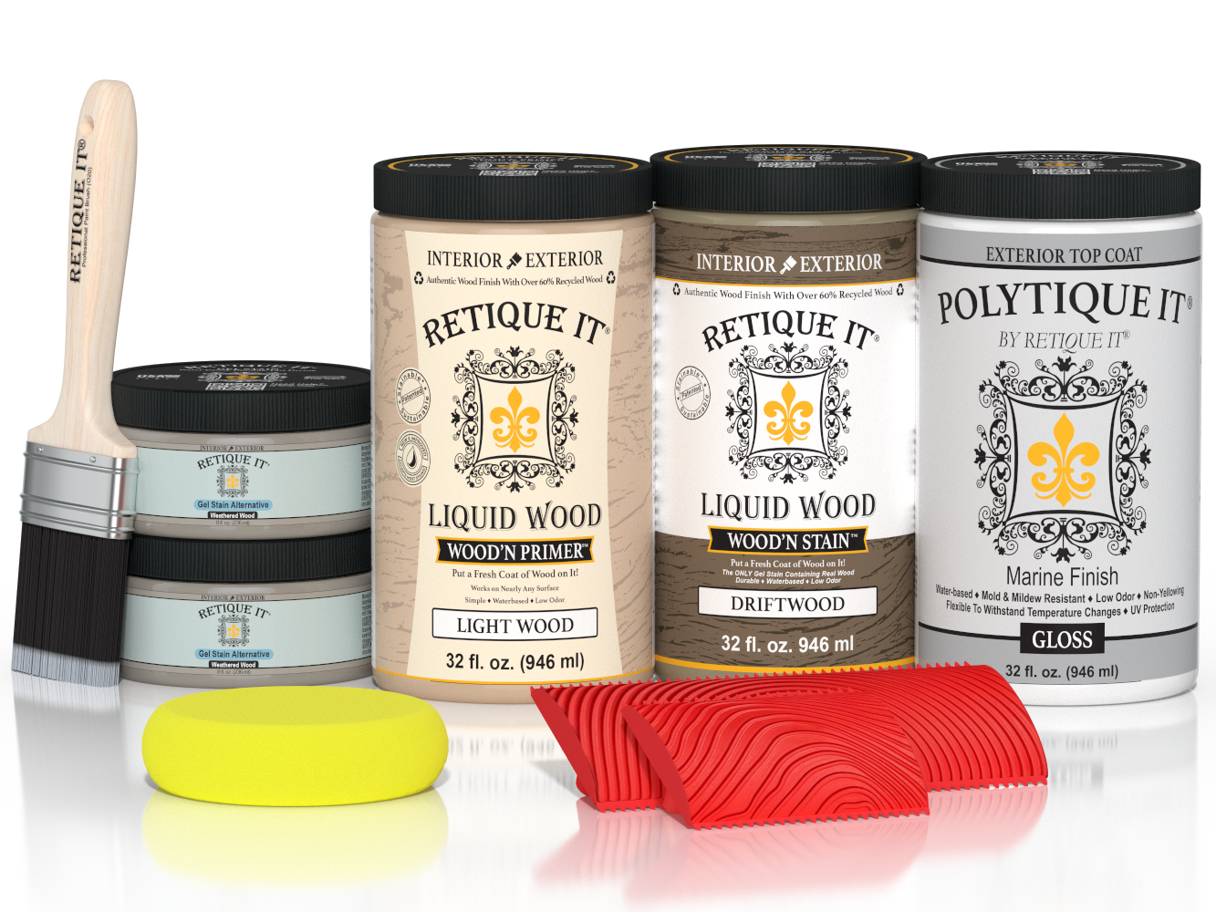 Large Drift Wood Wood'n Finish Kit by Retique It® with exterior top coat, includes gloss wood treatment and application tools.