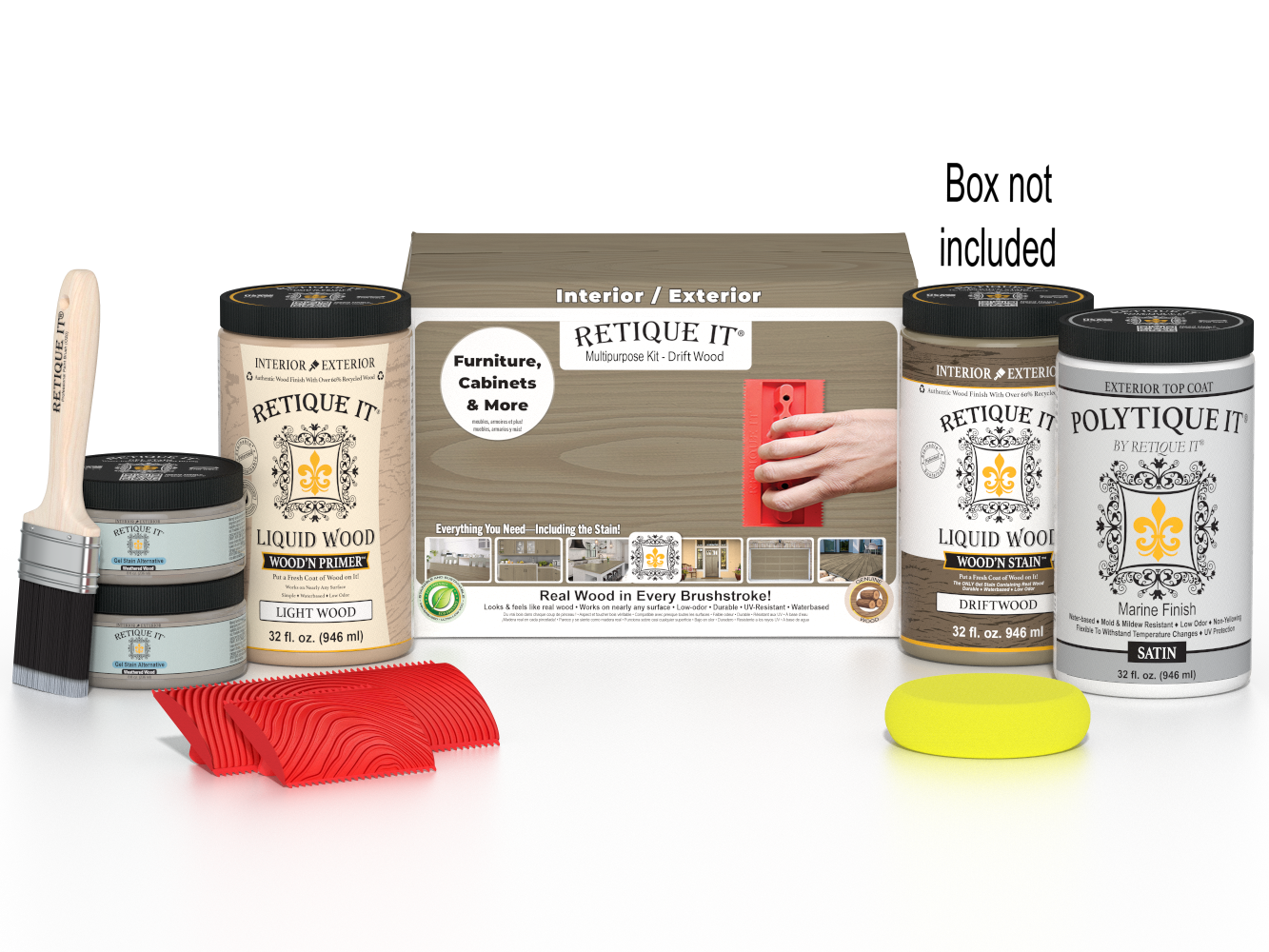 Large Drift Wood Multi-purpose Wood'n Kit by Retique It® with exterior top coat and components shown in the image.