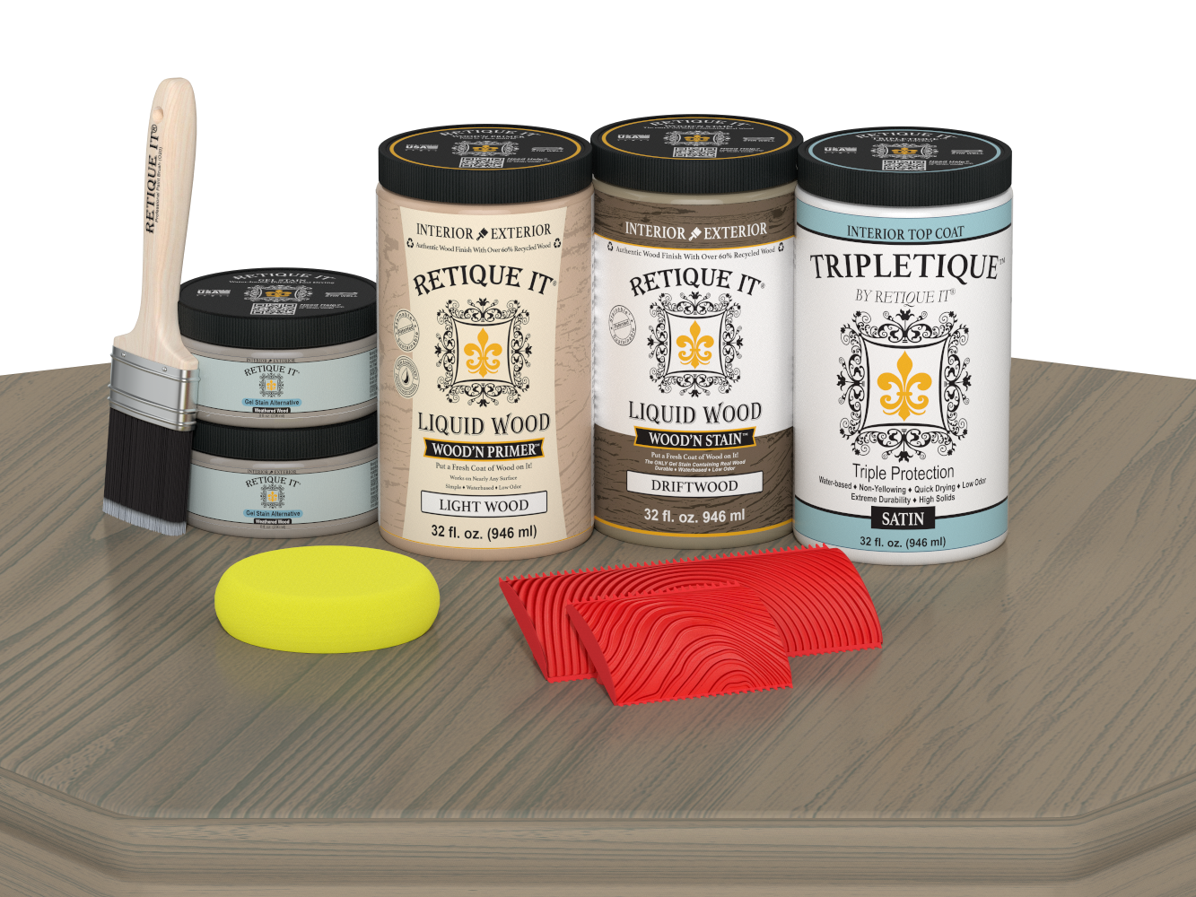 Retique It® Drift Wood countertop kit for full kitchen, satin stain finish on wooden surface showing natural wood grain.