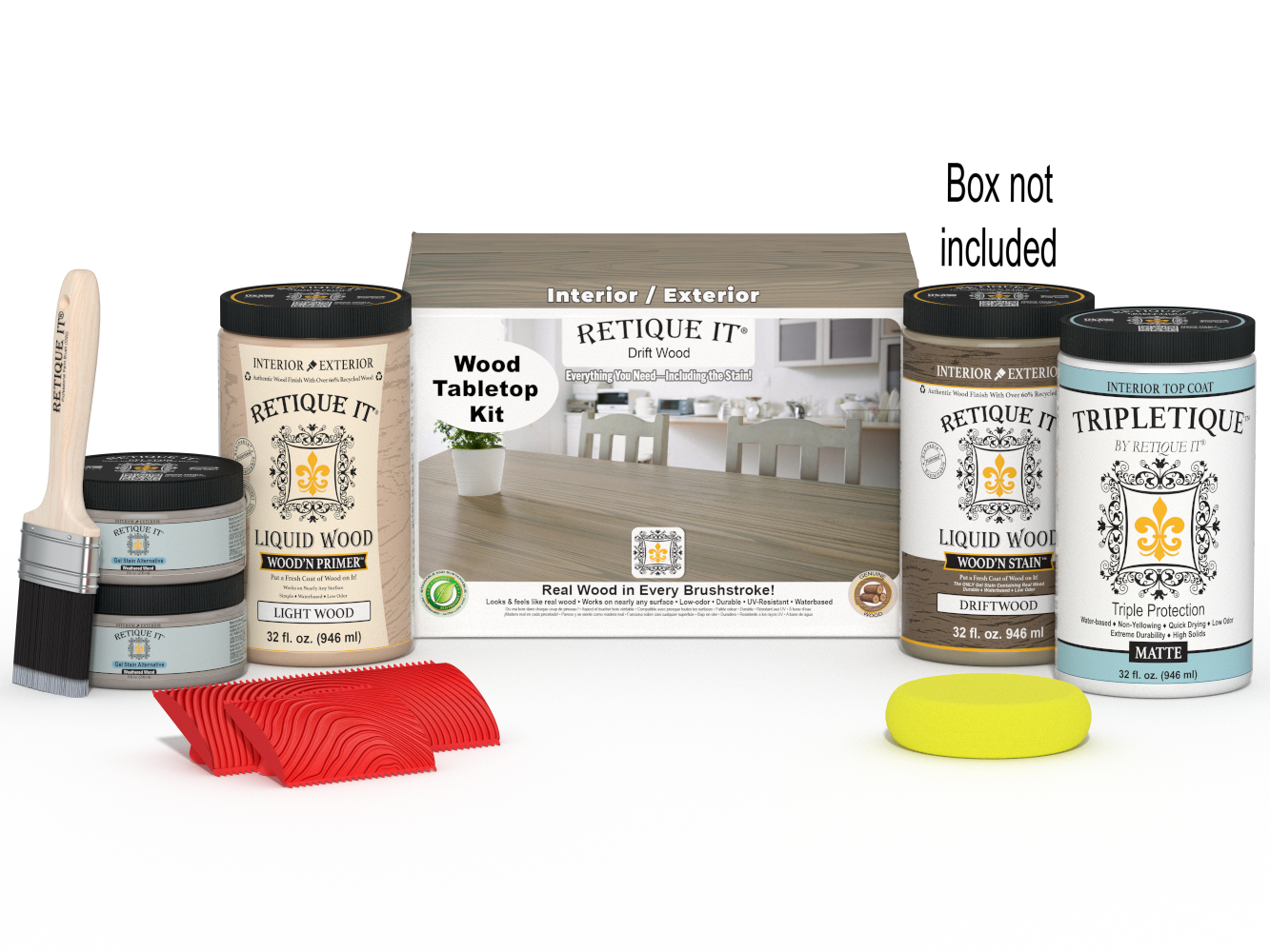Retique It Wood'n Finish Kit in Drift Wood stain for tabletops, includes four large stain bottles with packaging visible.