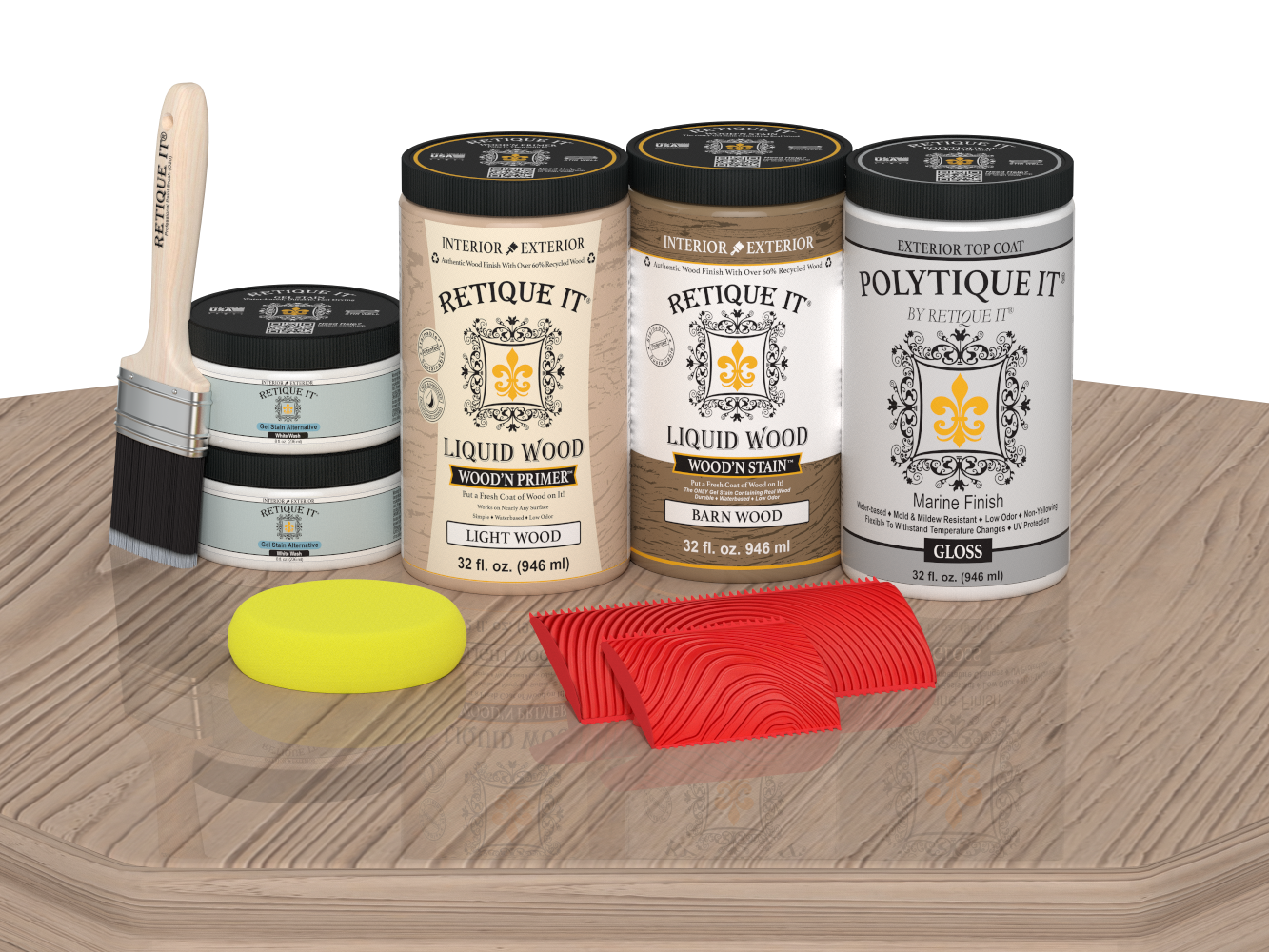 Large French Oak Wood'n Finish Kit by Retique It® with gloss top coat, shown on a table for exterior wood finishing projects.