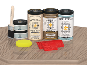 Retique It® French Oak countertop kit stain applied on full kitchen countertop, glossy finish on natural oak surface.
