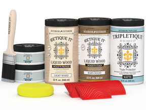 Retique It Wood'n Finish Kit with four large French Oak stains for wood furniture and surfaces, matte finish shown in the image.