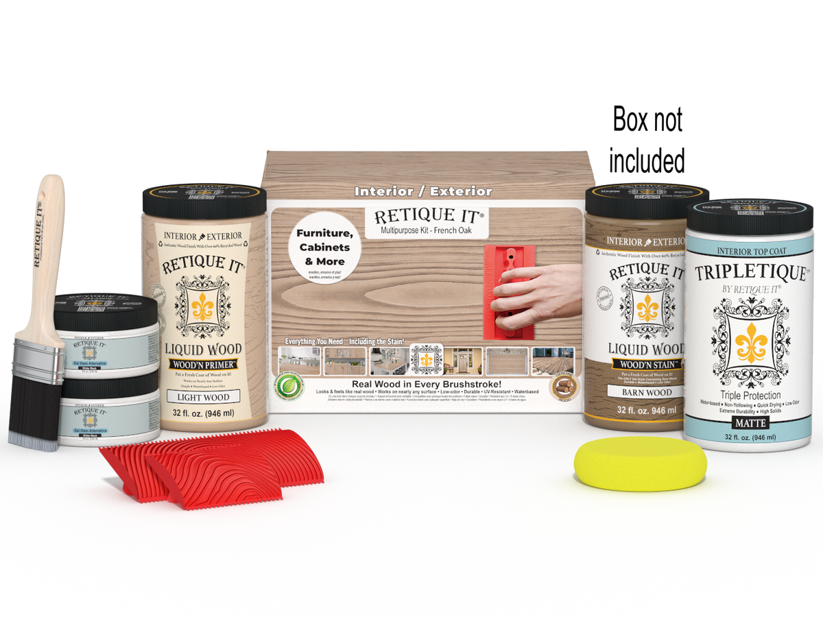 Large French Oak Wood'n Finish Kit by Retique It® with interior top coat, includes wood finish and application tools.