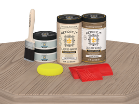 Large French oak Wood'n Finish Kit from Retique It® on a table, featuring brushes and finish bottles for multi-purpose wood finishing.