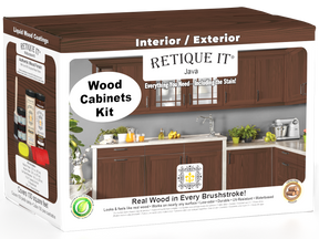 Retique It® Wood'n Cabinet Kit with 12 Java-stained grained cabinet doors, showcasing natural wood texture and rich Java color.