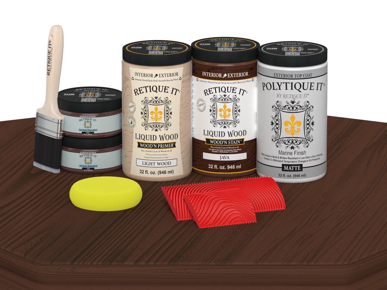 Retique It® Wood'n Finish Java front door kit with matte stain, featuring double door panels displayed on a table.