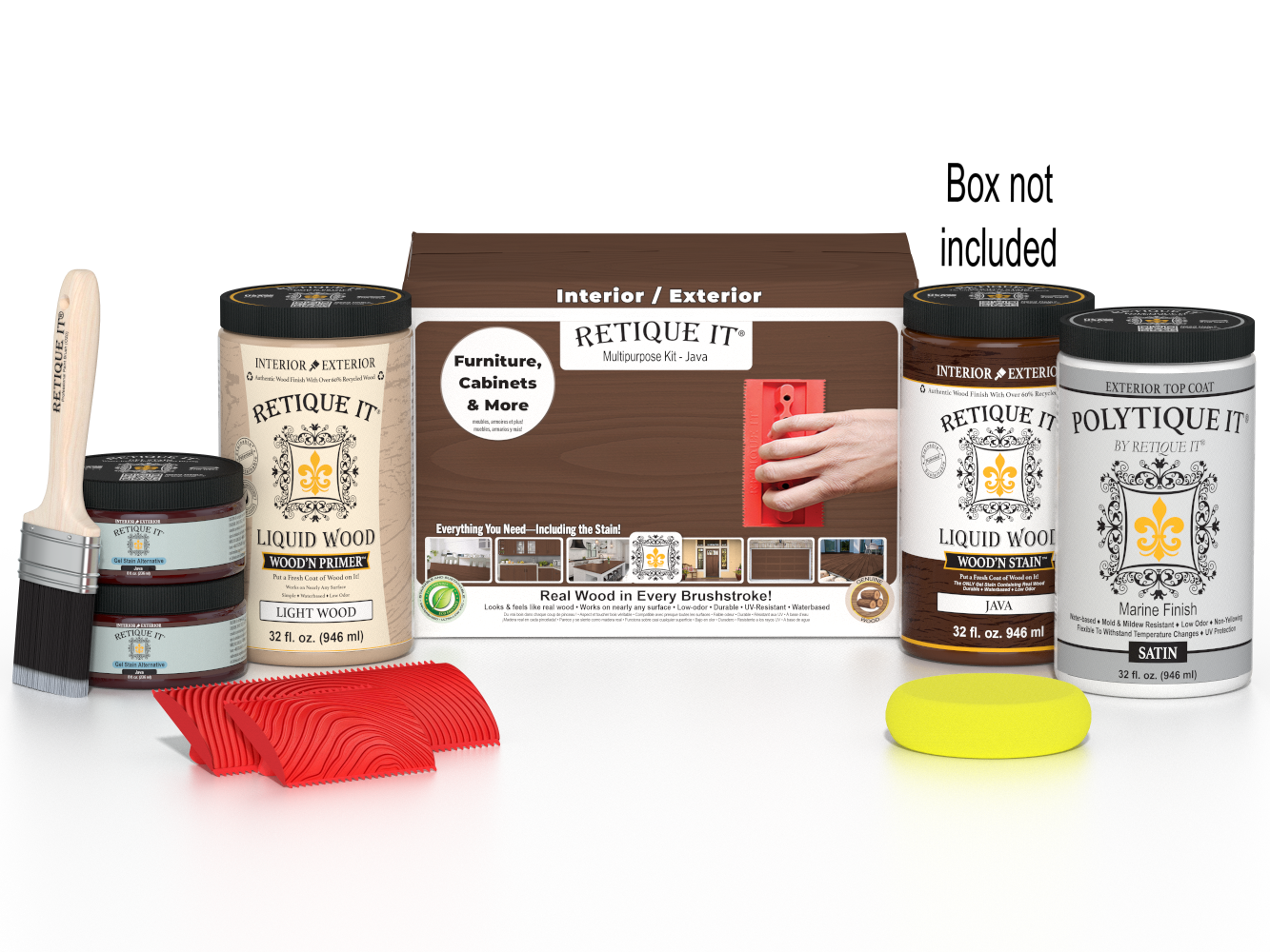 Large Java Wood'n Kit by Retique It® for exterior top coating, includes wood finish and application tools in a box.