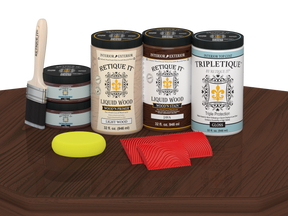 Retique It® Java countertop kit with glossy stain finish on a kitchen countertop, showcasing a warm Java wood stain.