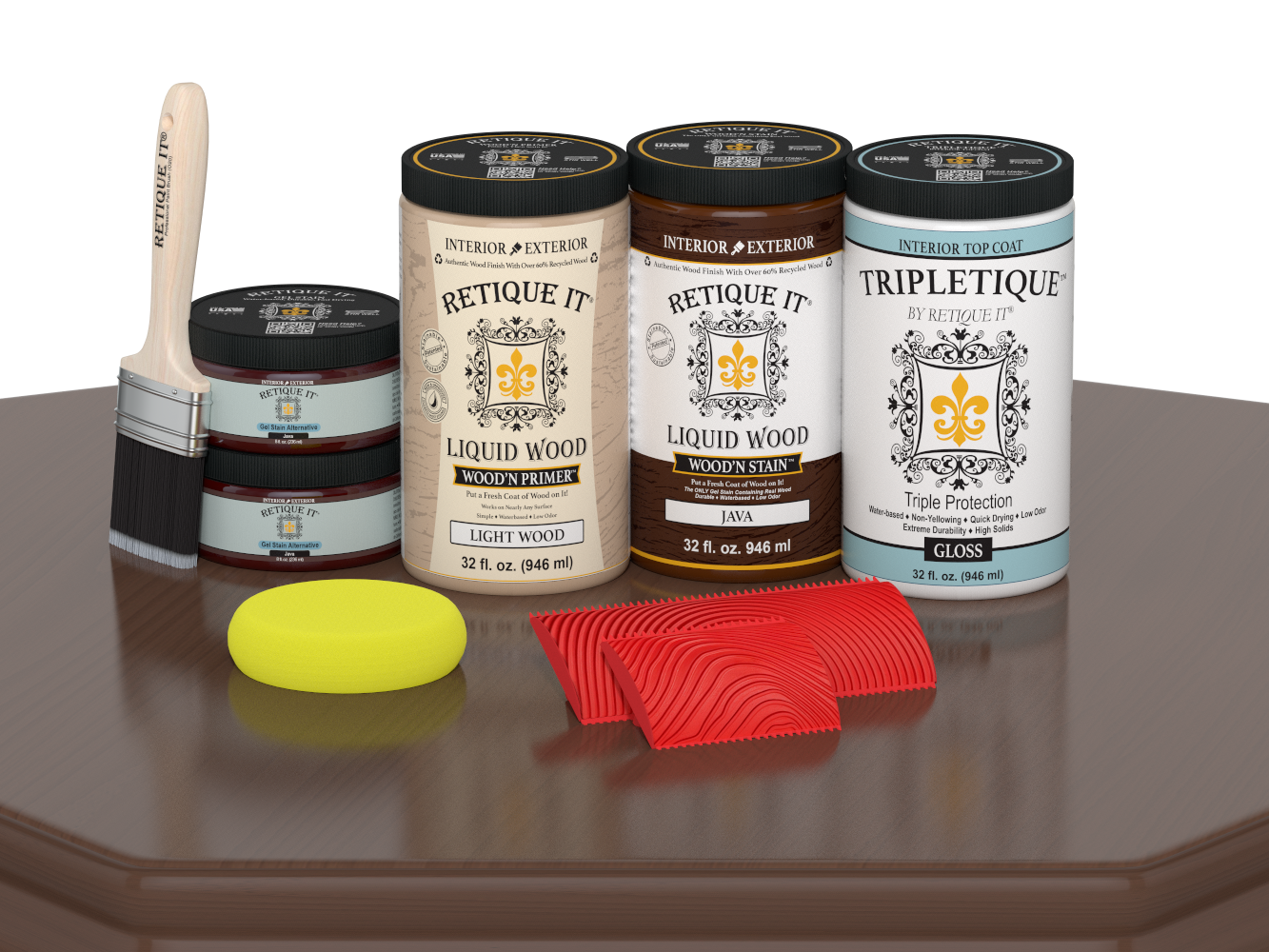 Large Java Wood'n Finish Kit by Retique It® with interior top coat for wood furniture, shown on a table surface.