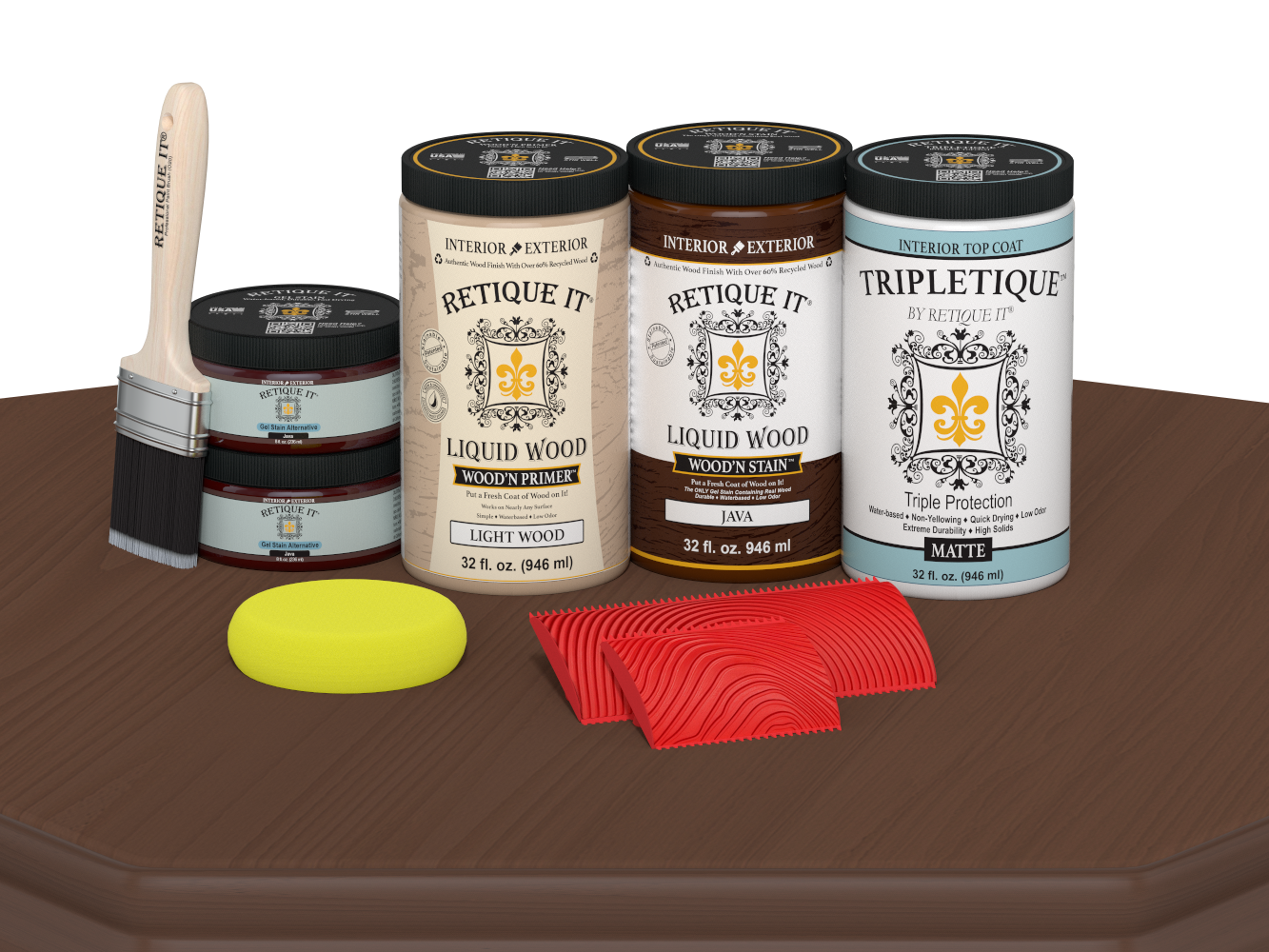 Large Java Wood'n Finish Kit by Retique It® for interior wood projects, featuring matte top coat application on wooden surfaces.