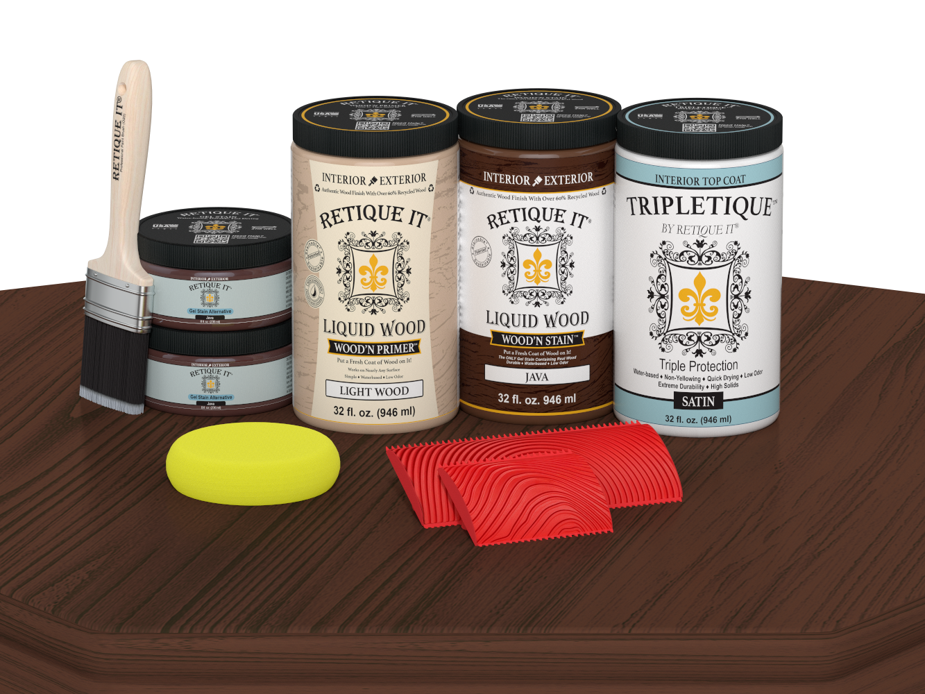 Retique It® Java countertop stain kit for full kitchen, showing satin finish on a wooden surface with stain application tools.