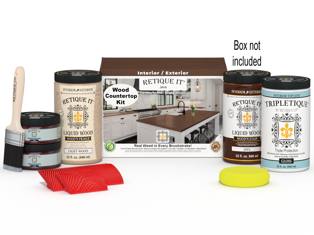 Retique It® Java countertop kit showing stained wood surface with applicator tools for full kitchen countertop renovation.