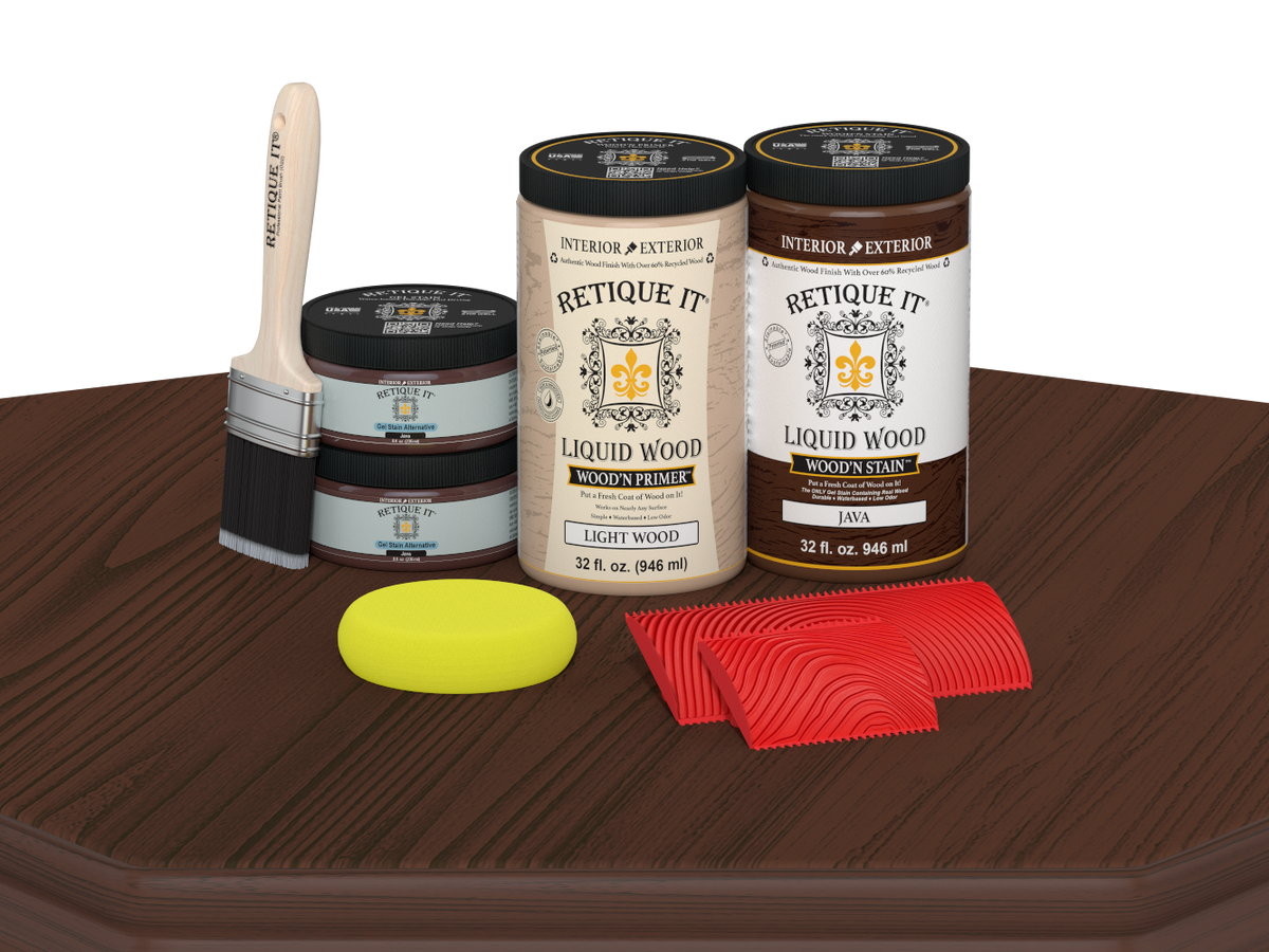 Retique It® Wood'n Cabinet Kit in Java stain showing 12-door grained wood finish on a table surface.