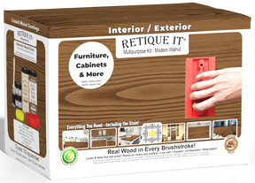 Large Modern Walnut Wood'n Finish Kit by Retique It® with tools and supplies for wood finishing projects.