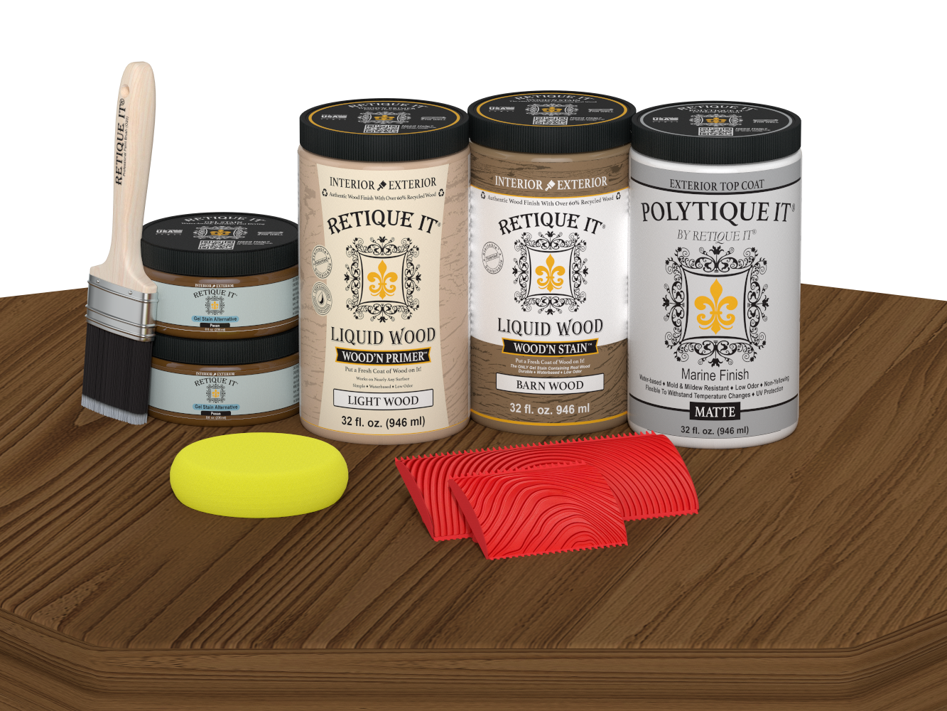 Large Modern Walnut Wood'n Finish Kit by Retique It® with matte exterior topcoat, displayed on a table for multi-purpose wood finishing.