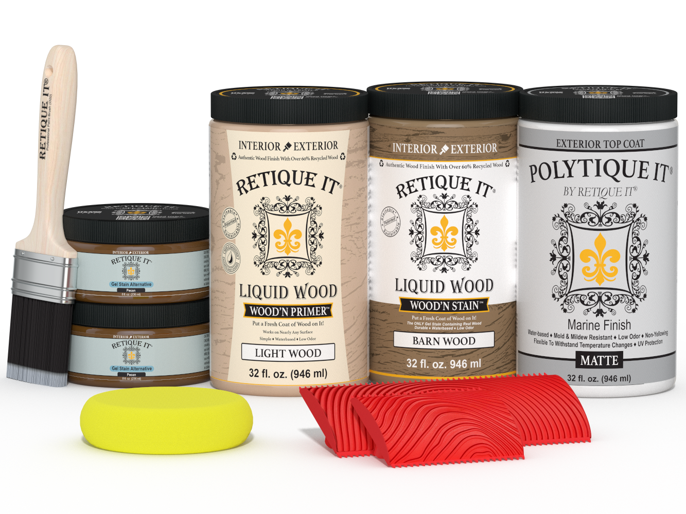 Large Modern Walnut Wood'n Finish Kit by Retique It® with exterior topcoat, includes wood finish and application tools.