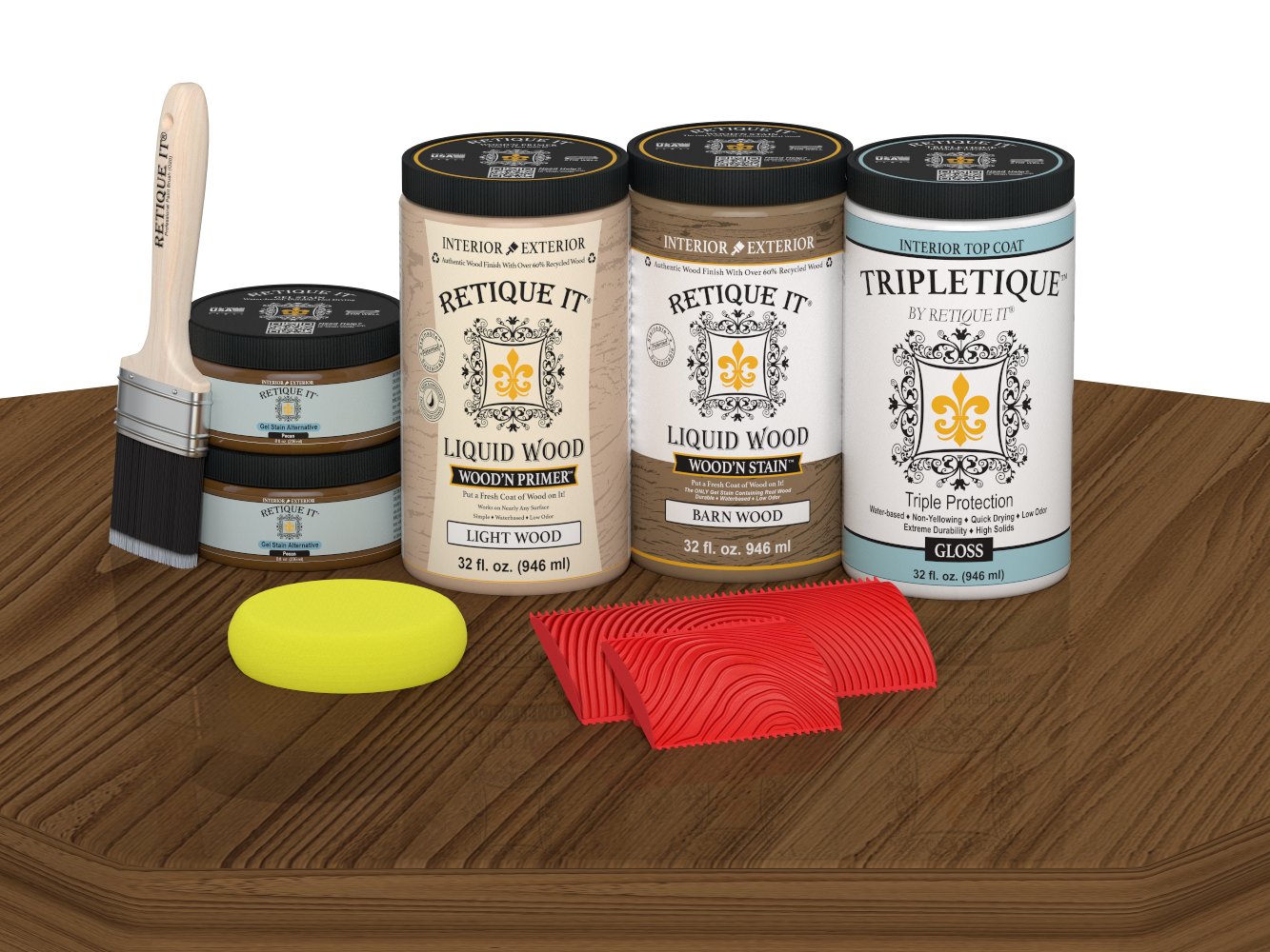 Large Modern Walnut Wood'n Finish Kit by Retique It® with interior topcoat, featuring glossy wood finish on a table surface.