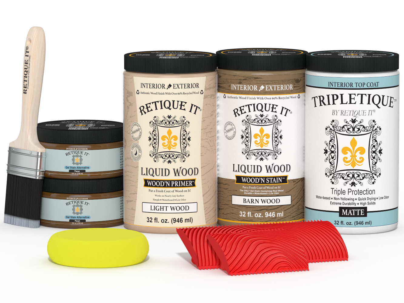 Large Walnut Wood'n Finish Kit by Retique It® with matte topcoat, includes wood finish supplies for interior projects.