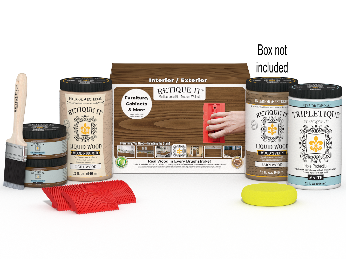 Large Modern Walnut Wood'n Kit by Retique It® for interior topcoat, includes wood finish products and application tools.