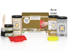 Large Old Oak Wood'n Finish Kit by Retique It® with exterior top coat, includes wood stain and finishing supplies in a colorful box.