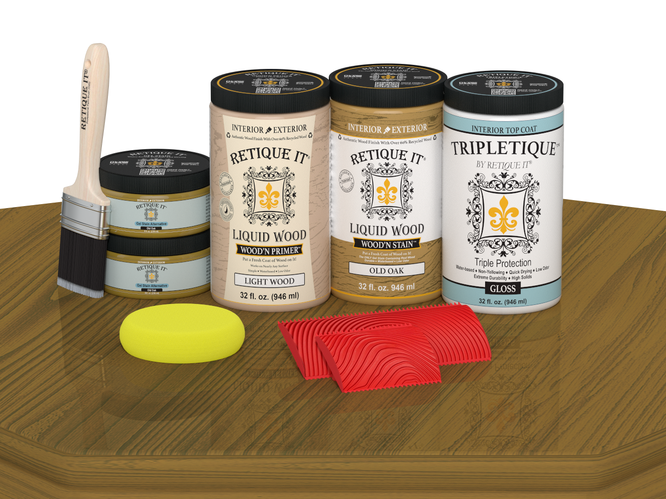 Retique It® Wood'n Finish Kit in Old Oak stain, featuring four large stain bottles with a glossy finish on a wooden surface.