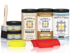 Large Old Oak Wood'n Finish Kit by Retique It® for interior furniture with a glossy top coat, including brushes and finishing tools.