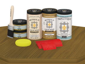 Retique It Wood'n Cabinet Kit in Old Oak stain, featuring 12 grained cabinet doors with matte finish on a table.
