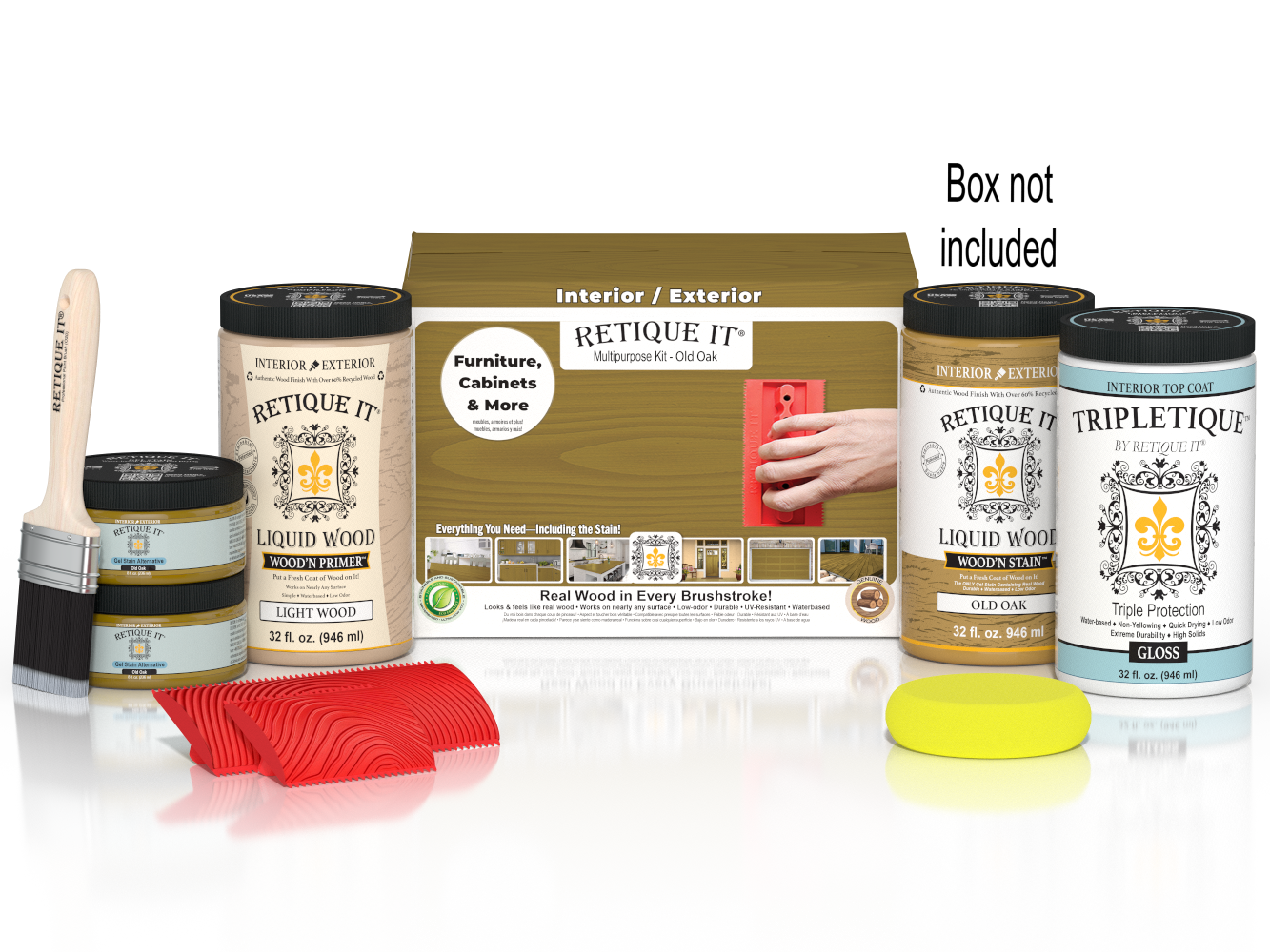 Large Old Oak Wood'n Finish Kit for interior top coat by Retique It®; includes wood finish products and application tools.