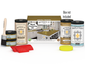 Retique It® Old Oak countertop kit with stain options, featuring a full kitchen setup on a natural wood surface.